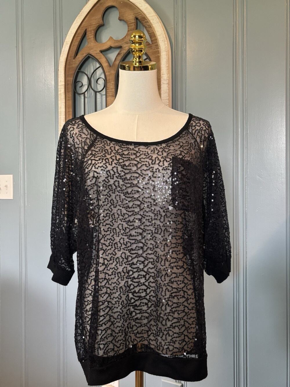 Whimsigoth Witchy Fairy Sexy Black Sheer Sequin Mesh Long Sleeve Blouse Ladies L